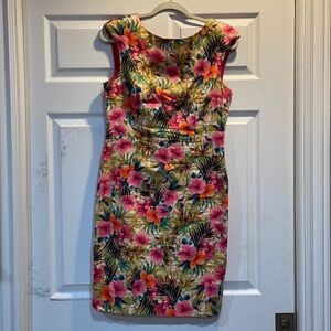 Zara Tropical Floral Fitted Midi Dress L